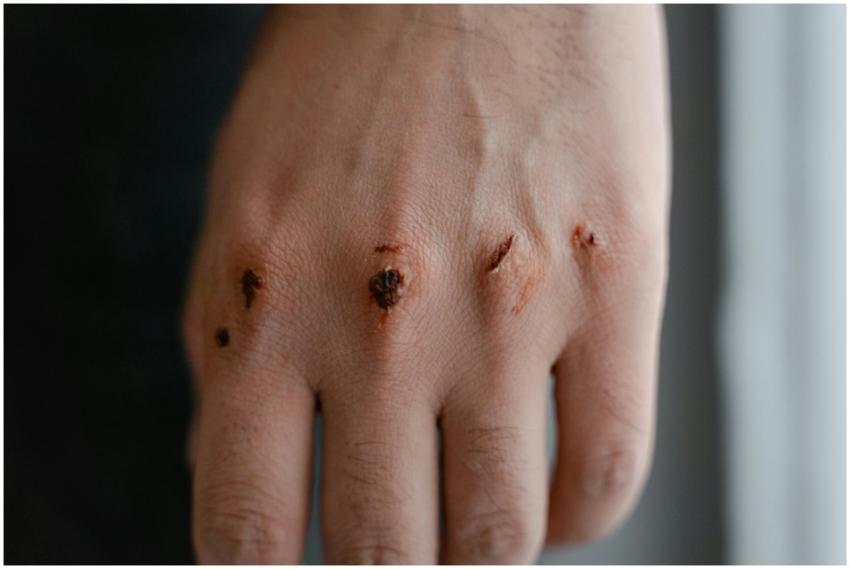 Close-up view of a hand showing scars and injuries