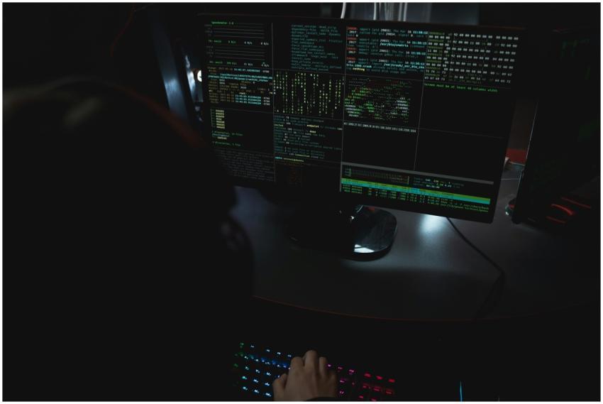 Dark room setup with code displayed on PC monitors