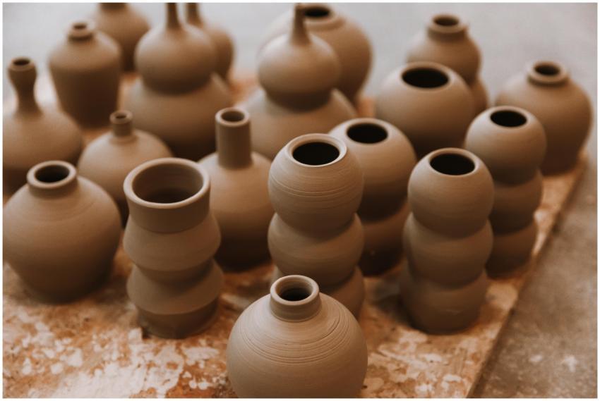 Close-up of handmade clay pottery showcasing diver