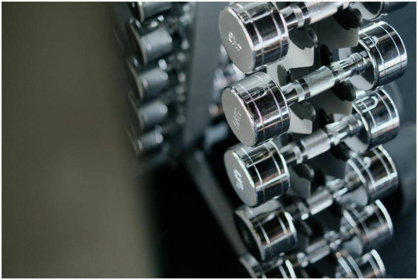 Close-up of chrome dumbbells neatly arranged on a
