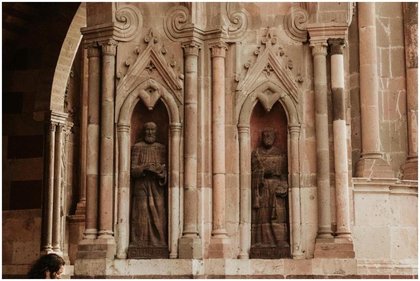Stone carvings on a historic church facade in San
