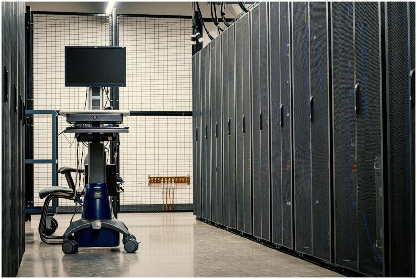 Contemporary computer on support between telecommu