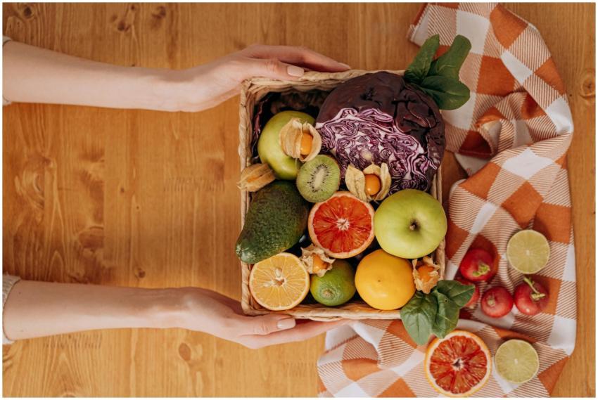 Vibrant basket of fresh fruits and vegetables with