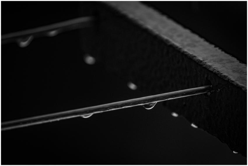 Monochrome close-up of water droplets on metal, sh