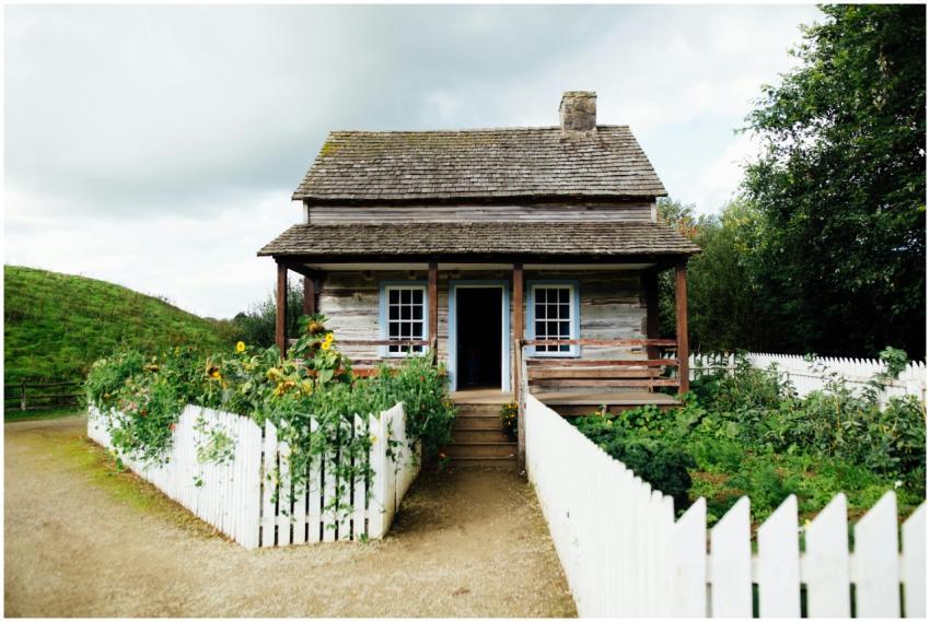 A quaint wooden cabin surrounded by greenery and a