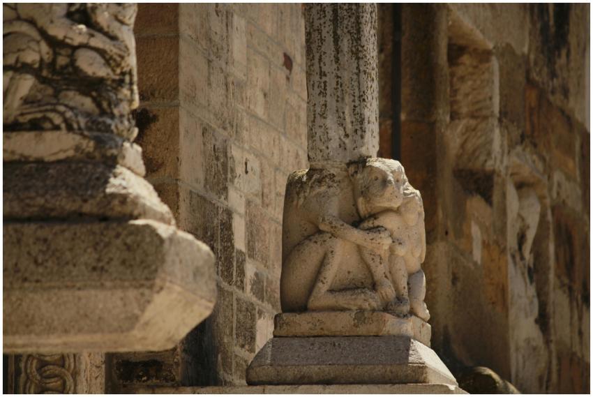 Detailed view of an ancient stone carving on the f