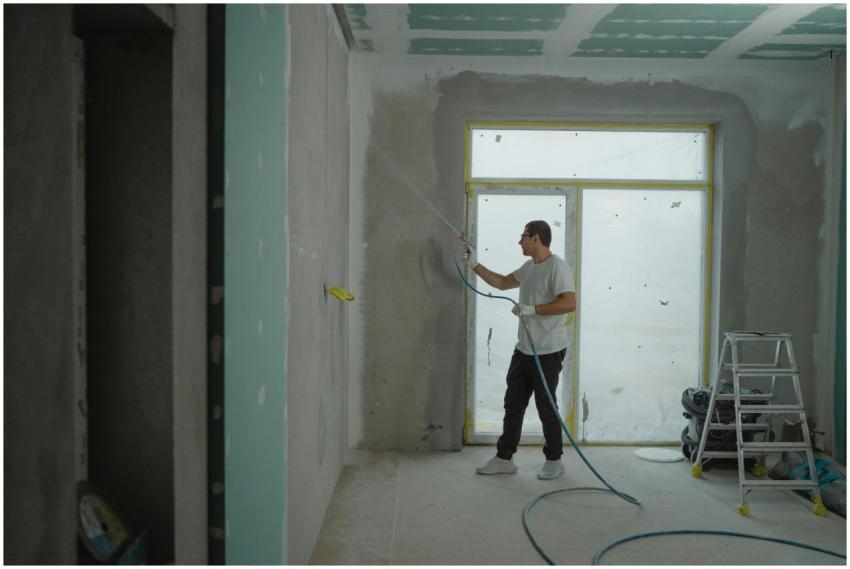 A man sprays paint on a wall while renovating an i
