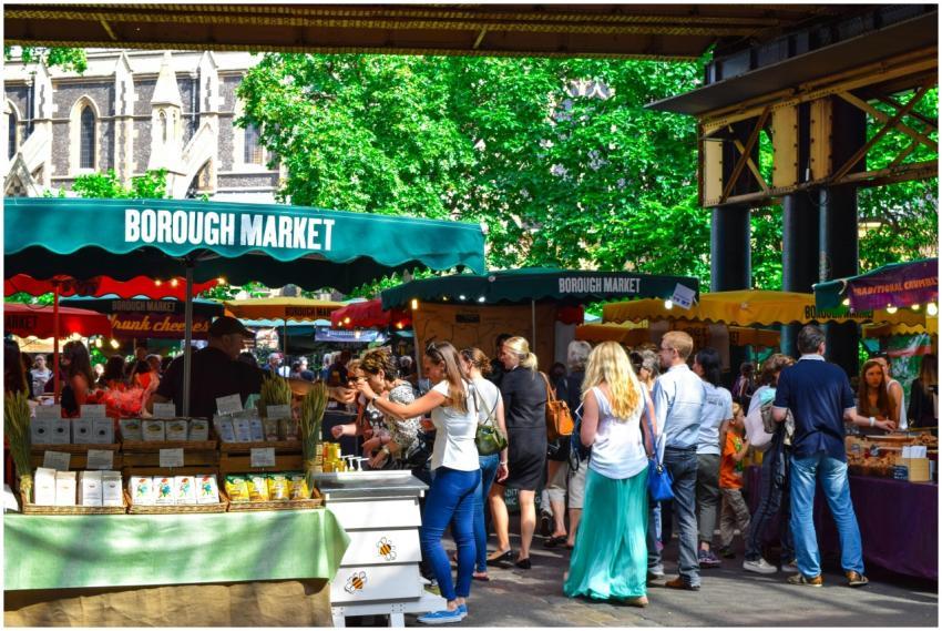 Lively scene at Borough Market in London, filled w