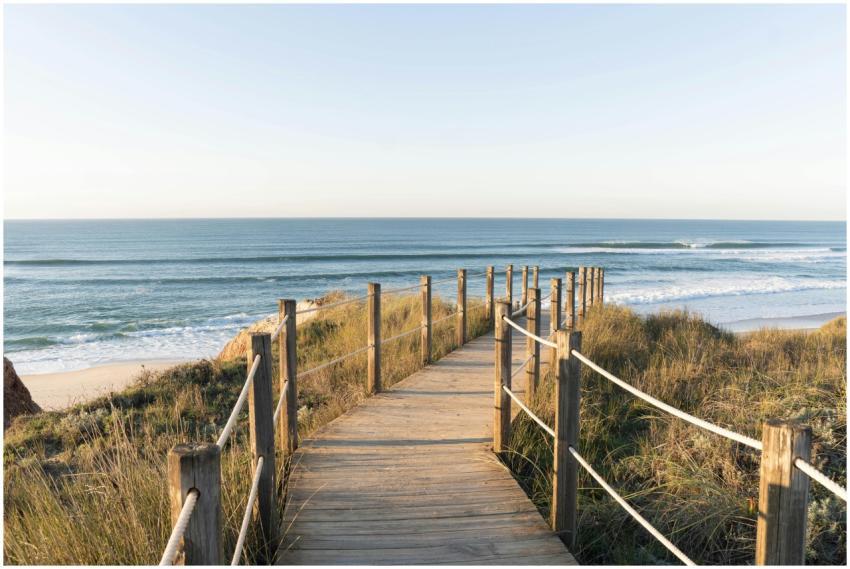 Wooden footpath leading to the serene shore of Naz