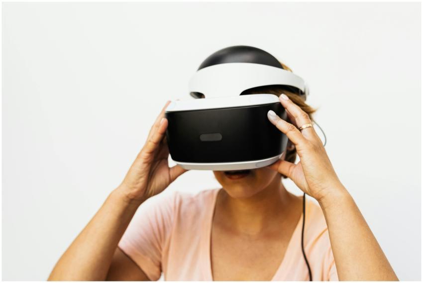 Woman using a VR headset, exploring virtual realit