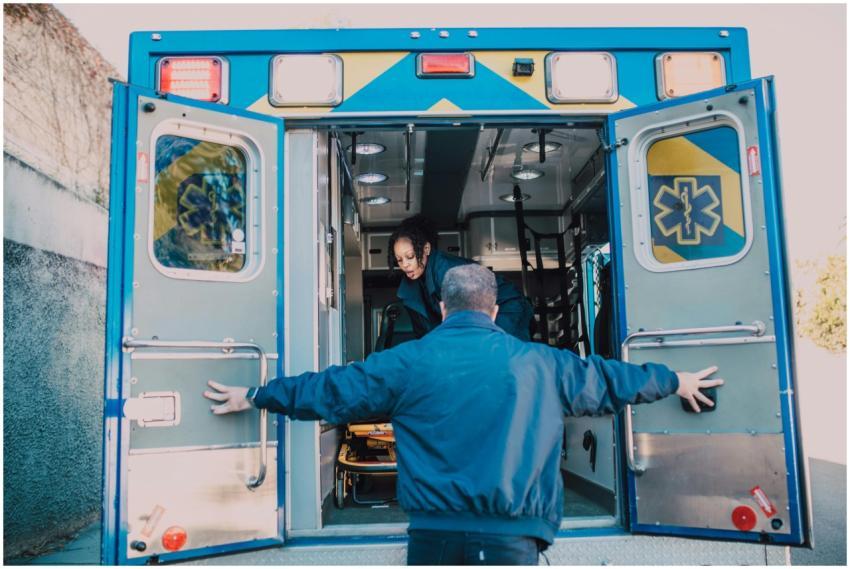 Paramedics load equipment into an ambulance, ready