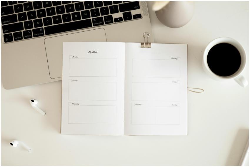 Overhead view of a desk with planner, coffee, lapt