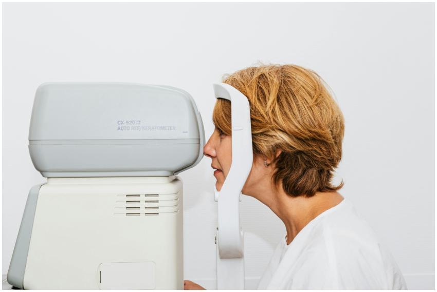 A woman undergoing an eye exam with an autorefract