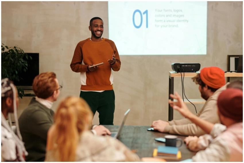 A man delivers a presentation in a modern office t