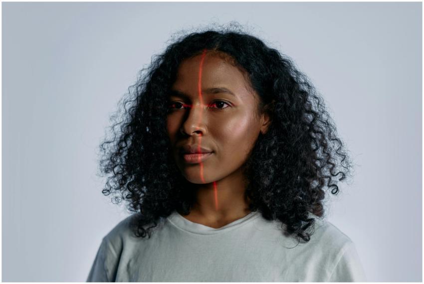 Portrait of a woman with facial recognition techno