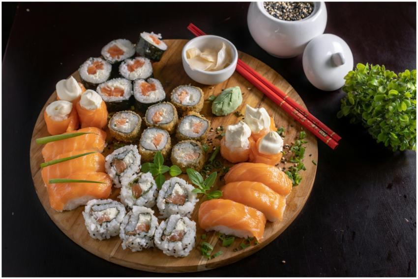 A beautifully arranged platter of assorted sushi,