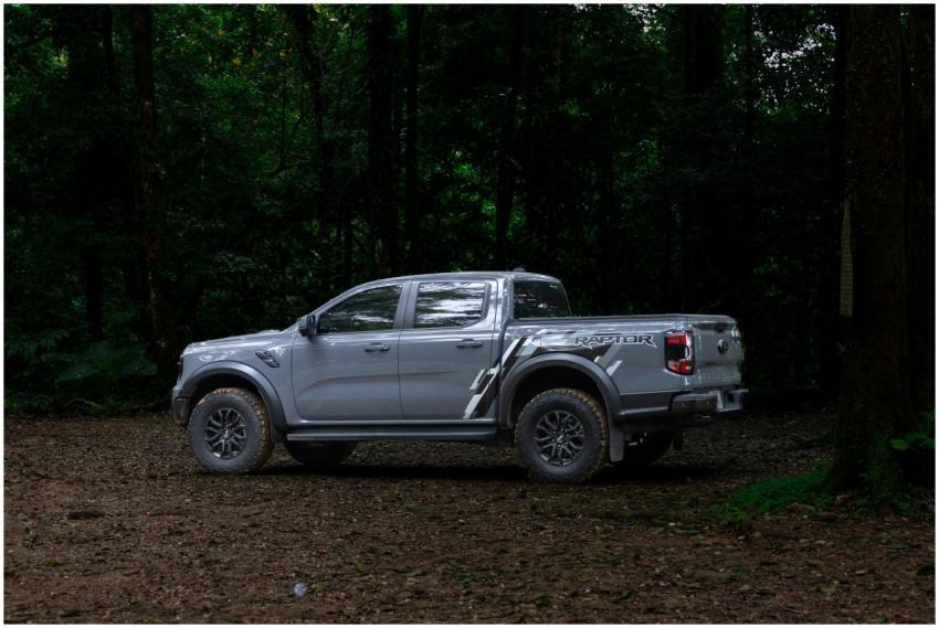 Gray pickup truck parked in a lush Vietnamese fore
