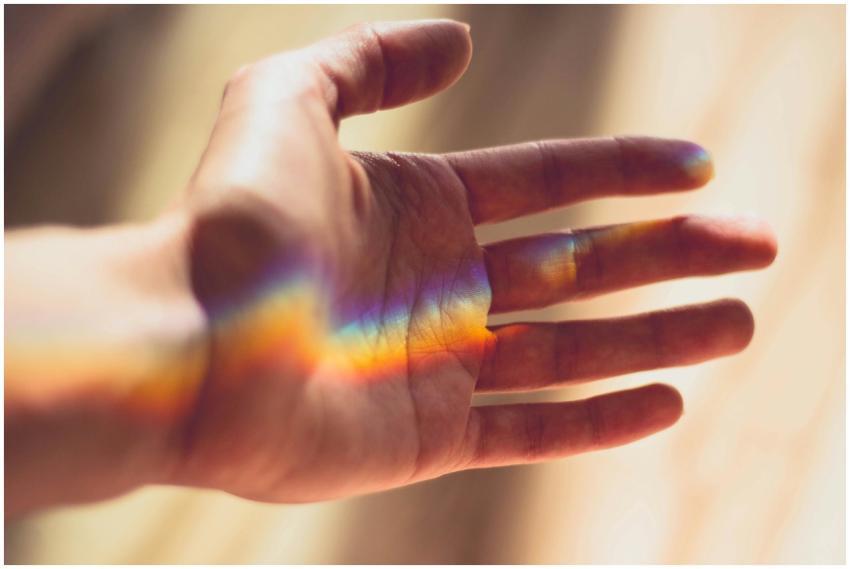A hand with a beautiful rainbow light refraction a