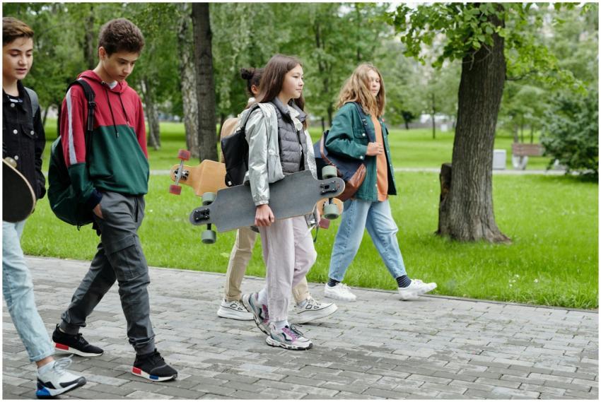 Group of teenagers strolling in a park carrying sk