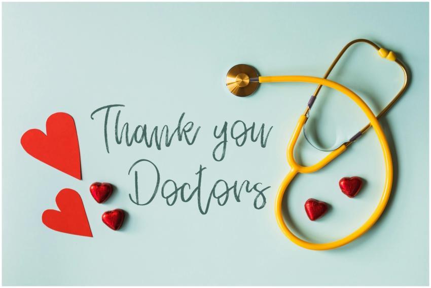 A stethoscope with hearts and 'Thank You Doctors'