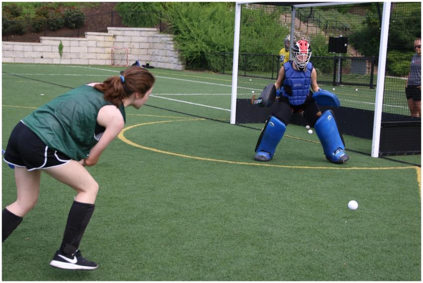A field hockey player prepares to strike as a goal