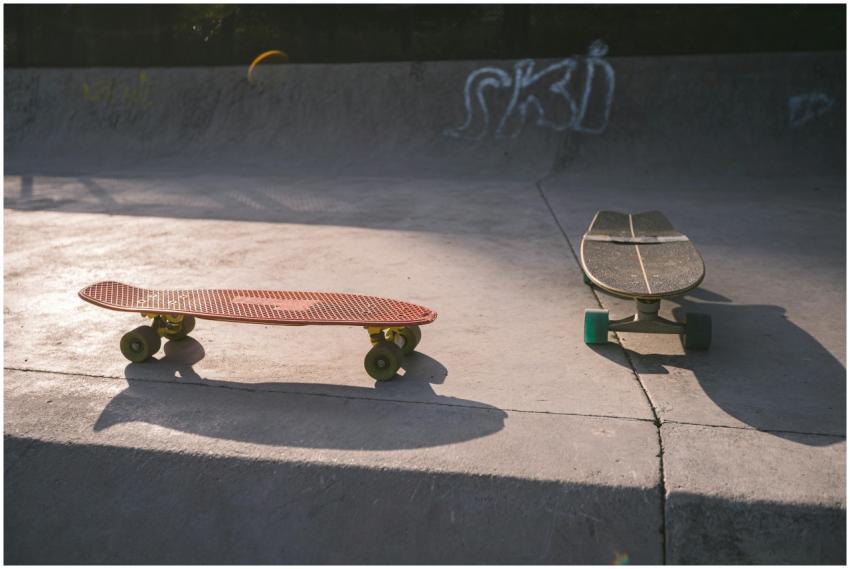 A close-up view of two skateboards in a sunlit urb