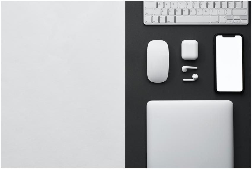 Top view of a sleek workspace featuring modern wir