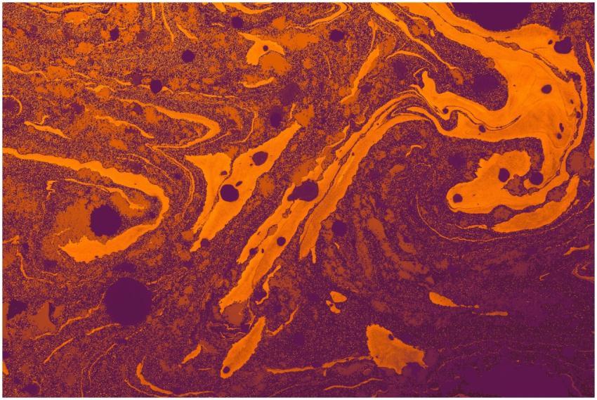 Dynamic orange and purple fluid art with a swirlin