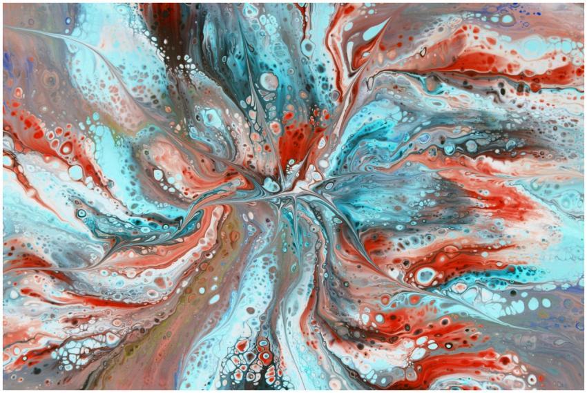 Dynamic abstract fluid art showcasing vivid red an