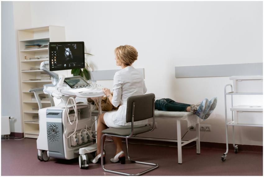 Doctor performing ultrasound scan on patient in mo