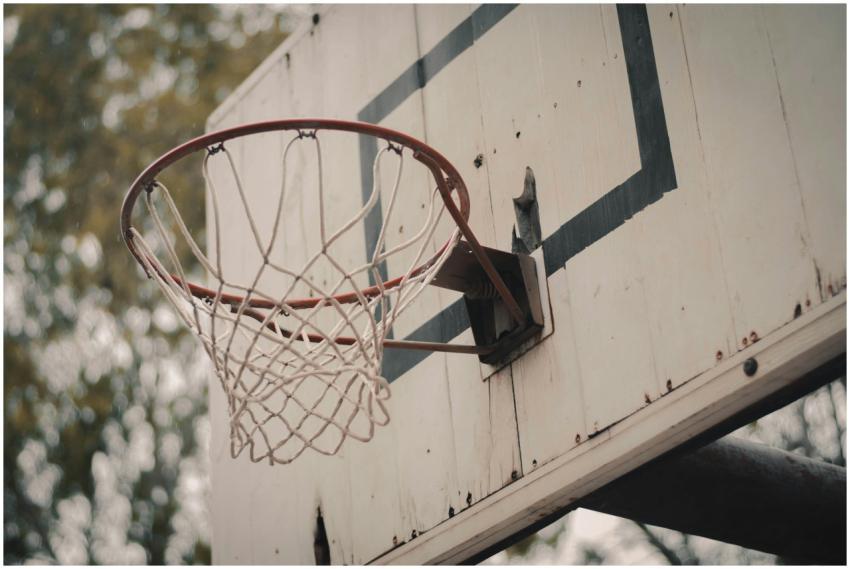 A weathered basketball hoop on a rustic outdoor co