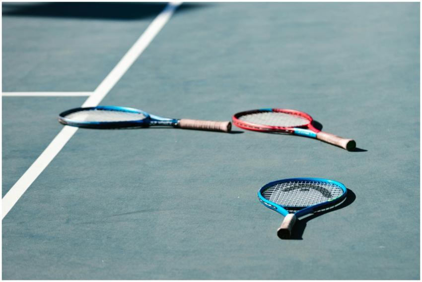 Close-up of three tennis rackets on an outdoor ten