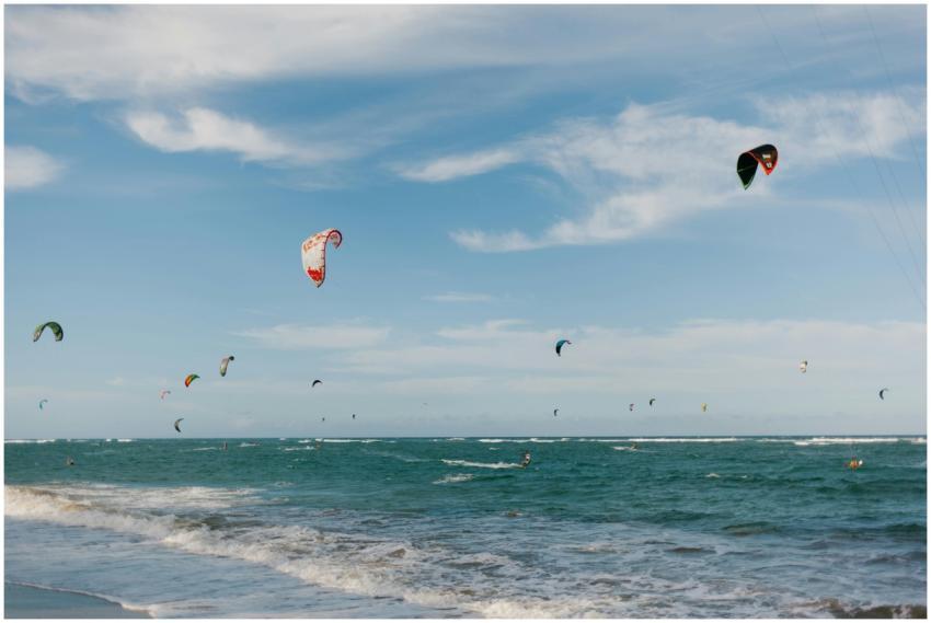 Exciting scene of multiple kite surfers riding oce