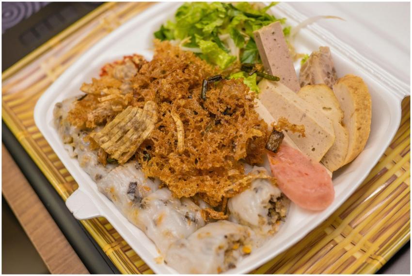 Close-up of a Vietnamese meal in a styrofoam tray