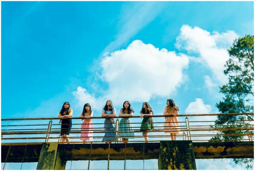 A group of young women standing on a bridge under