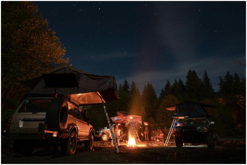 Camping scene with cars and tents under a starry n