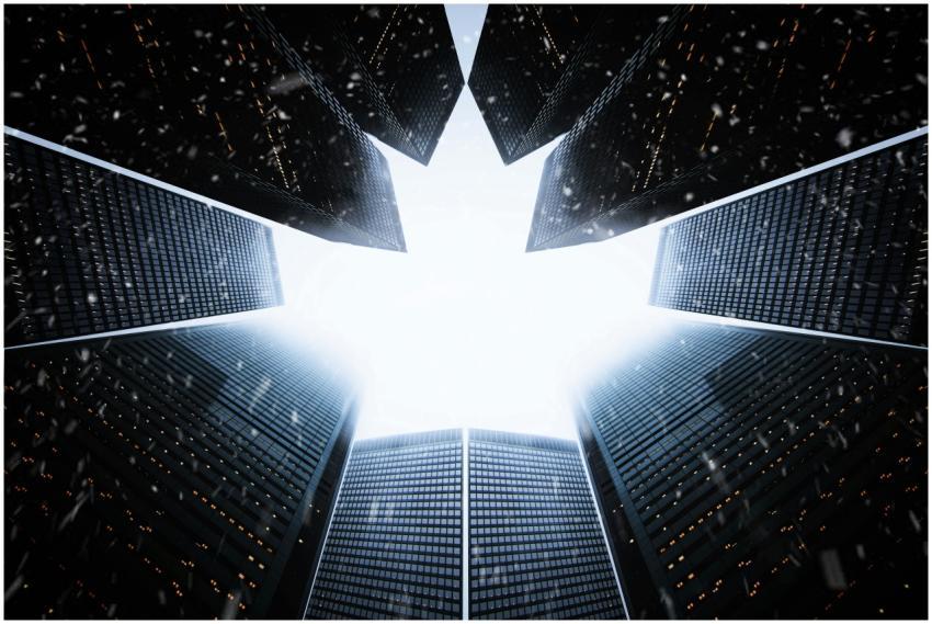 A striking low angle view of skyscrapers forming a