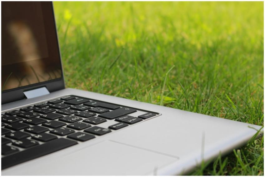 Silver laptop computer on vibrant green grass depi