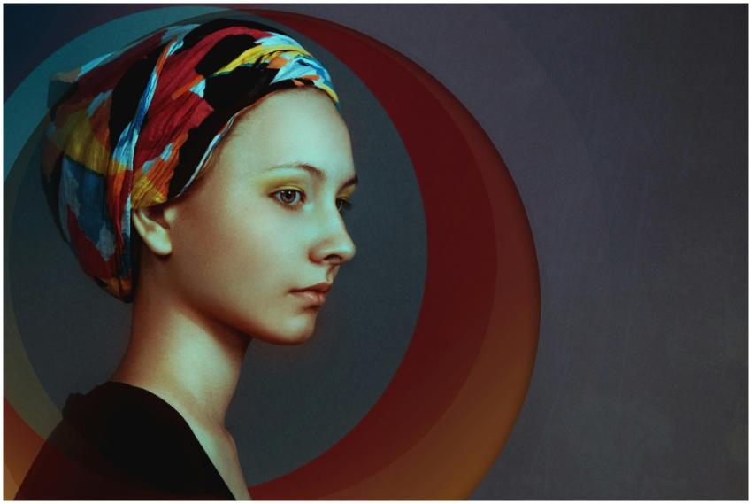 Elegant profile of a woman in a colorful headscarf