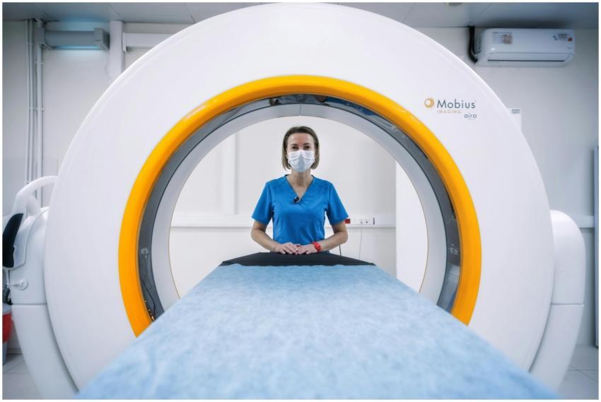 Nurse in blue scrubs and mask stands by an MRI mac
