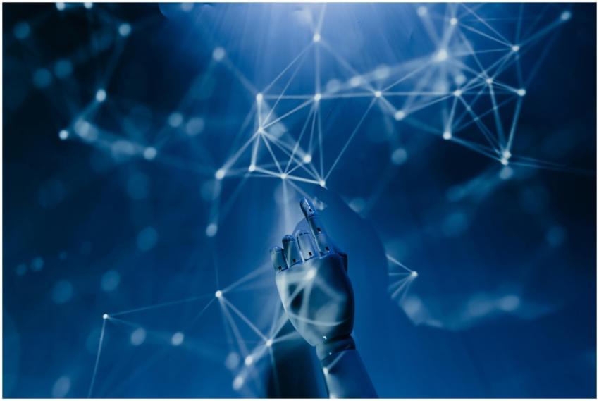 A robotic hand reaching into a digital network on