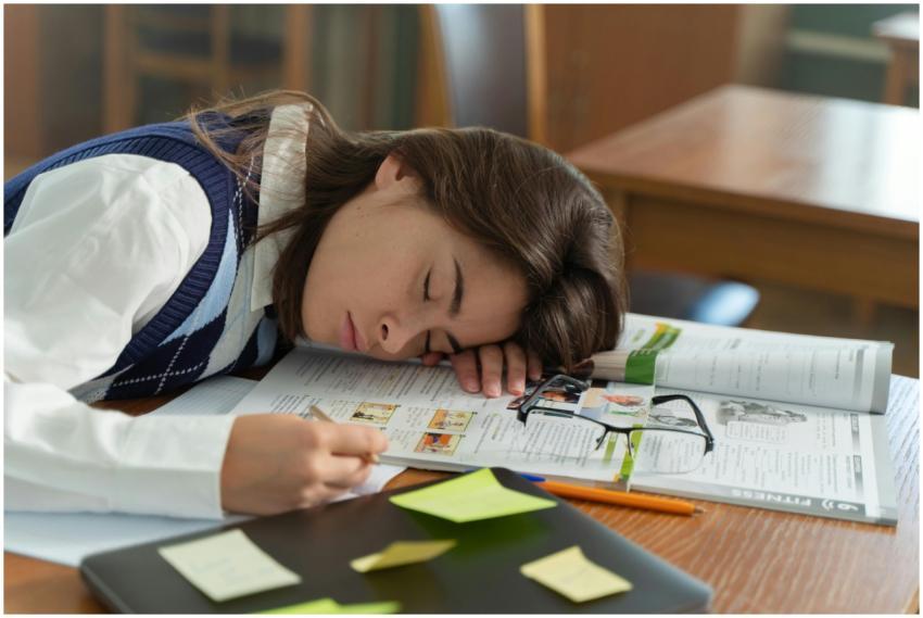 A young student sleeps on a school desk, surrounde