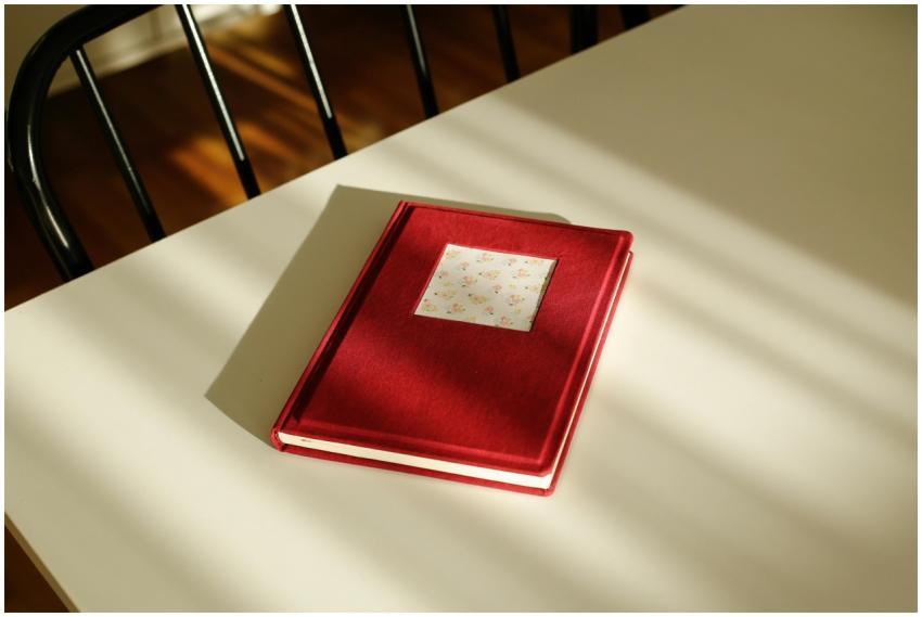 A red hardcover book sits on a sunlit table, casti