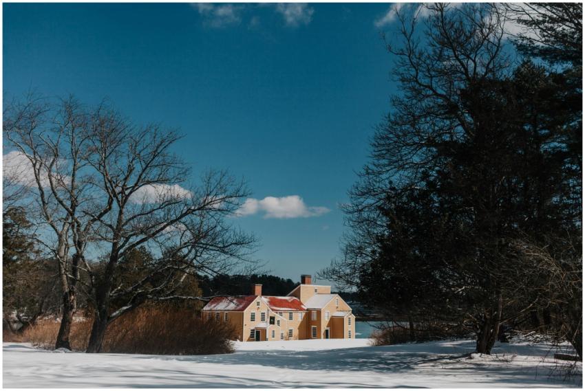 Winter scene with a quaint yellow house surrounded