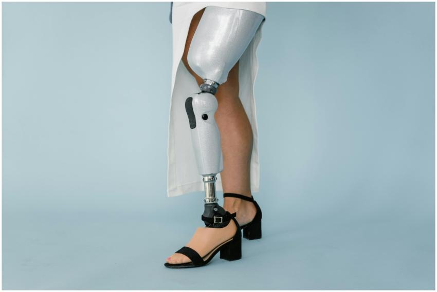 Close-up of a prosthetic leg in high heels, displa