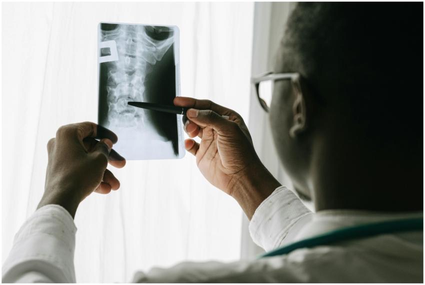 Close-up of a doctor examining a spine X-ray film