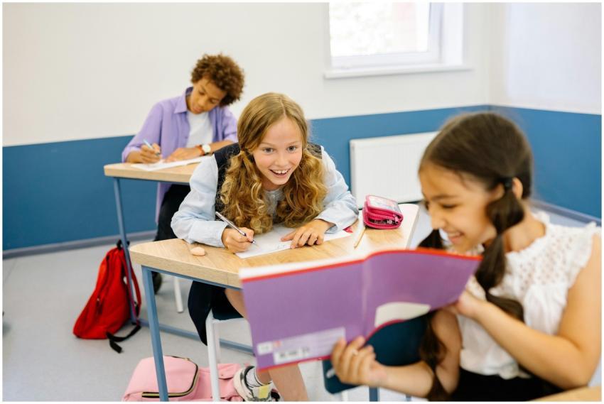 Joyful school children interacting and studying to