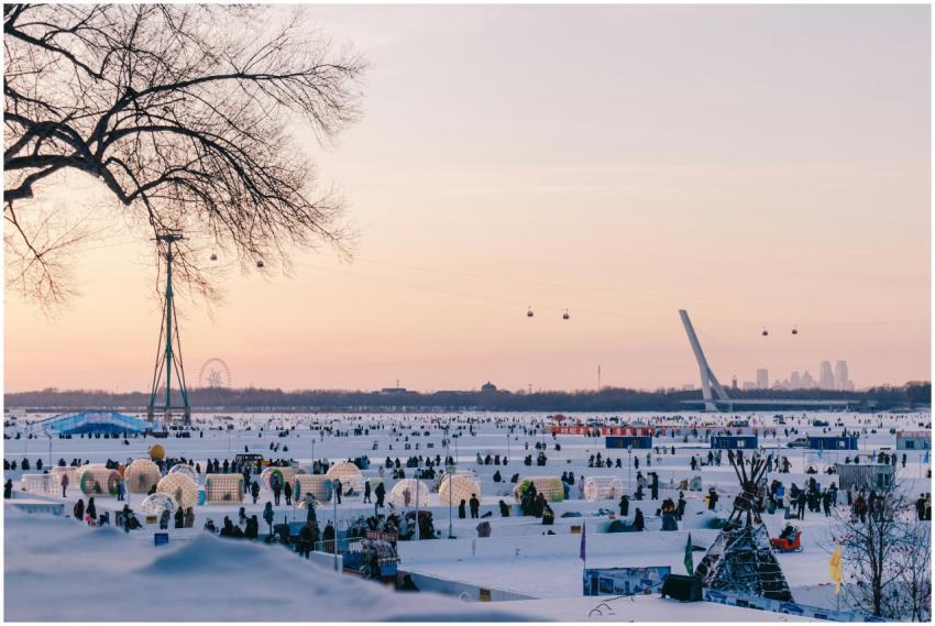 Vibrant winter festival scene with snow structures