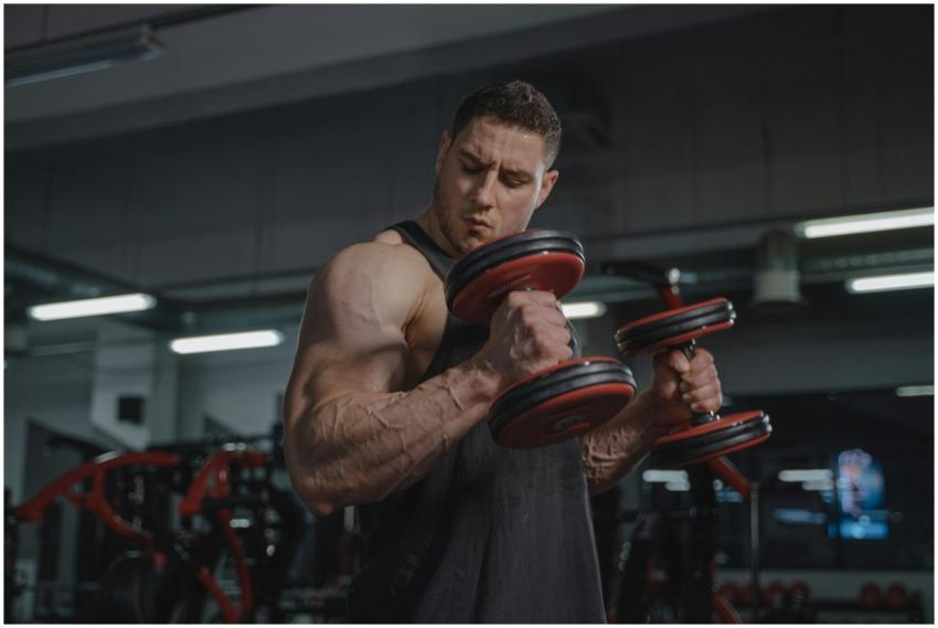 A strong man exercises with dumbbells, showcasing