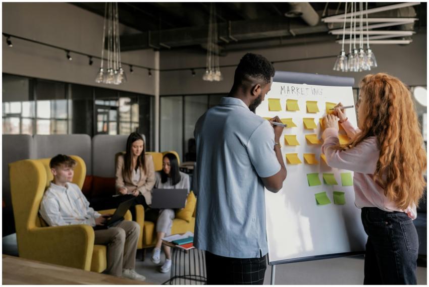 Team collaborating in a modern office, planning st